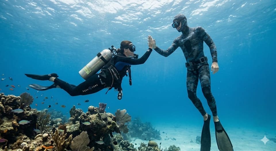 Freediver and scuba diver high-five underwater