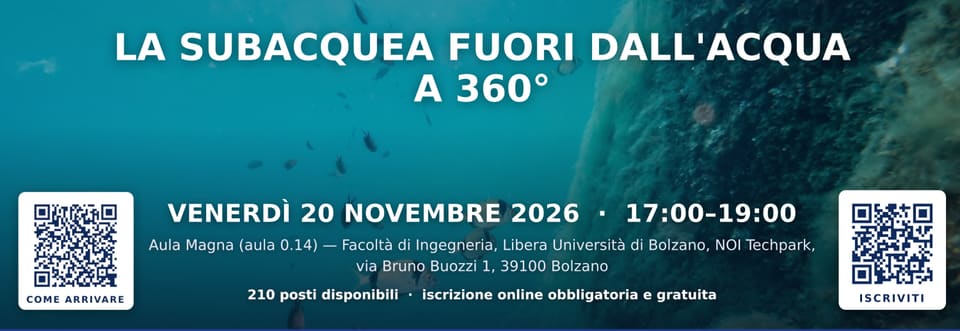 Poster for the conference "Diving out of the water – 360°", Friday 20 November 2026, 17:00–19:00, Aula Magna NOI Techpark